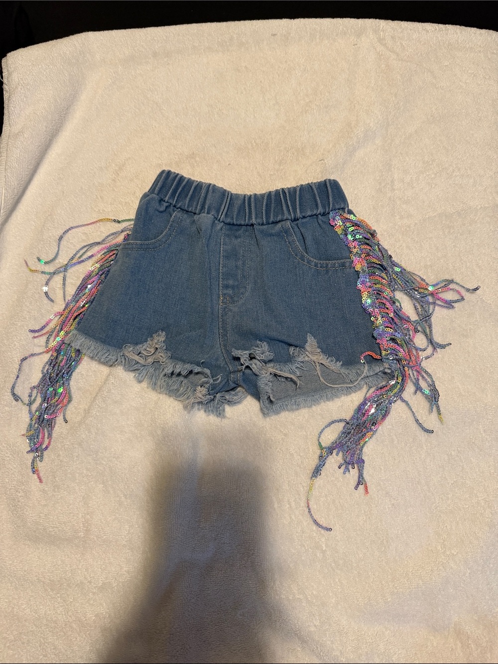 Kids Denim Fringe Sequin Trim Girls' Shorts - Blue